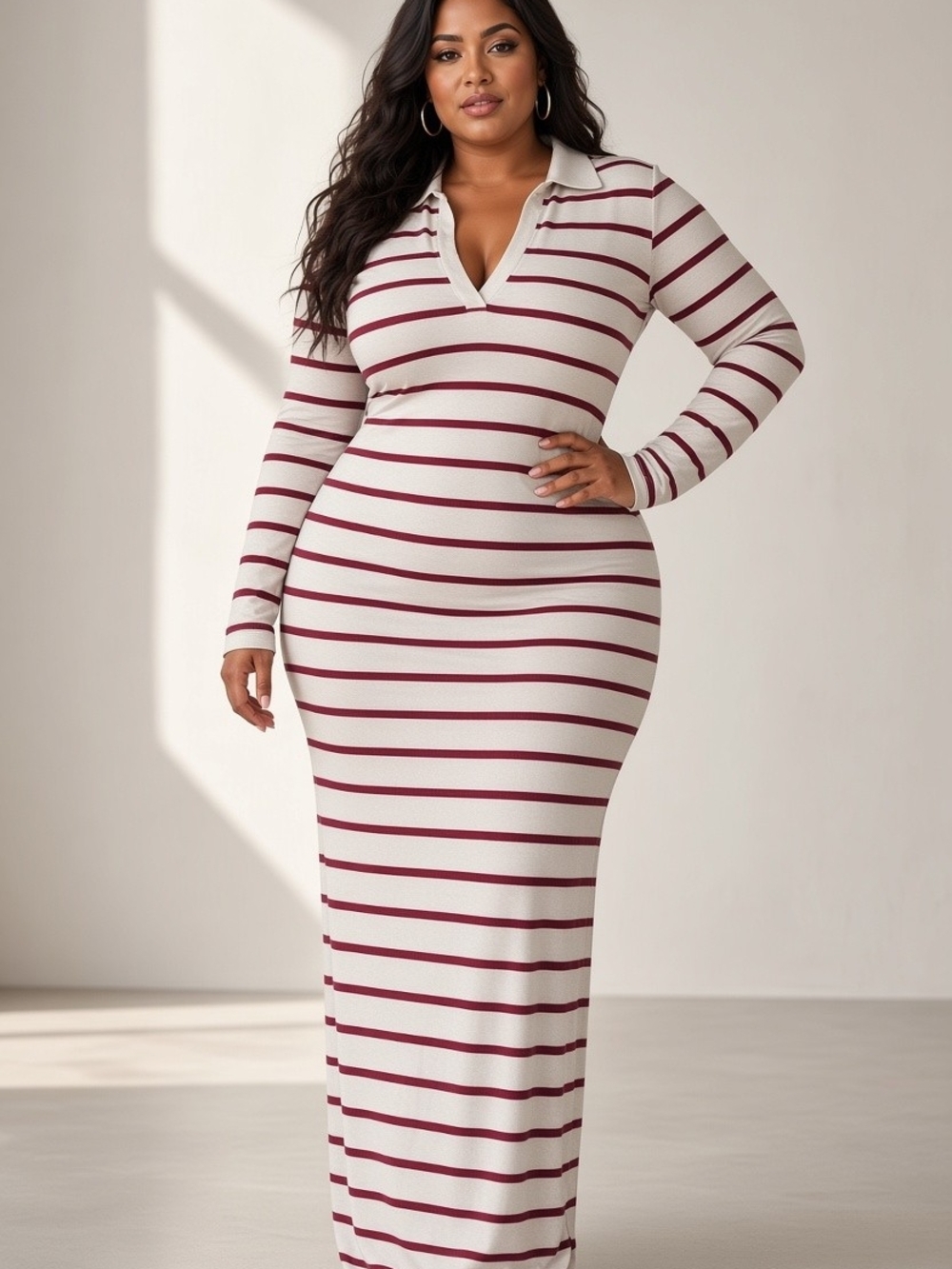 SHEIN Cream Maxi Dress with Burgundy Stripes
